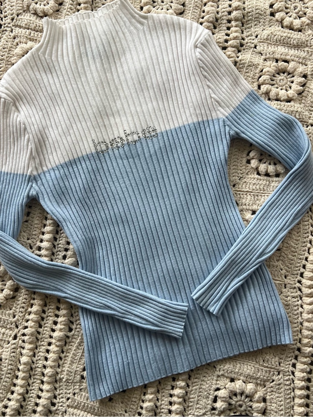 bebe Rhinestone Ribbed Colorblock Mock Neck Sweater - Light Blue & White